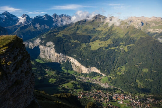 View of majestic Swiss Alps with picturesque village and serene valley, Wengen, Switzerland.