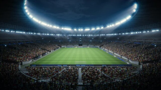 Night Aerial View of a Soccer Stadium During a Championship Match. Teams Compete, Fans Fill the Stands. Football Tournament, Cup Broadcast. Sport Channel Television Playback, Screen Content.