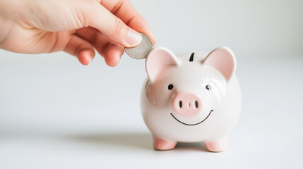 A hand placing a coin into a cheerful piggy bank during a financial savings session at home
