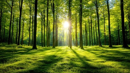 Obraz premium Lush Spring Forest, vibrant greenery illuminated by sunlight filtering through tall trees, serene atmosphere inviting exploration and tranquility.