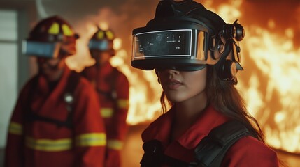 Firefighters of various backgrounds engage in a training exercise, using augmented reality equipment to navigate a simulated fire situation effectively. Generative AI
