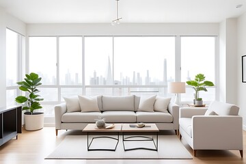 Bright, airy living room with daytime city view.