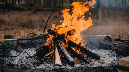 Photo of a fire pit with logs, branches, and billowing smoke in a forest setting