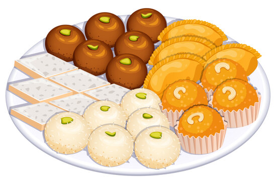 Indian Sweets Plate with Gulab Jamun, Kaju Katli, Gujiya, Rasgullas and Motichoor Laddus - Side View Detailed Illustration. Traditional Asian Celebratory Mithai 