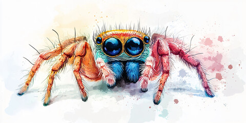 cute spider. A close-up watercolor illustration of a vibrant jumping spider with large,