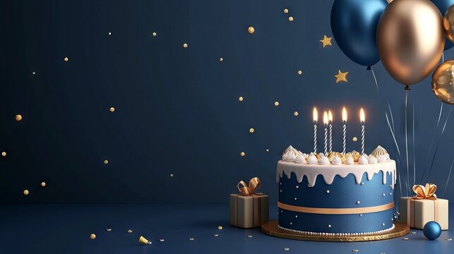 Blue and golden happy birthday cake invitation card banner background with balloons, candle, and gift box - perfect for celebrations, party invitations, and festive event designs