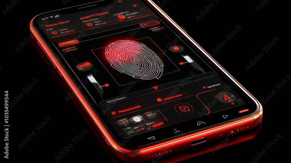 Poster digital security concept, electronic fingerprint displayed on a scanning screen, featuring a low pol