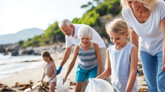 A joyful family participates in a beach clean-up, collecting litter together on a sunny day, teaching children the importance of caring for nature. Generative AI - Powered by Adobe