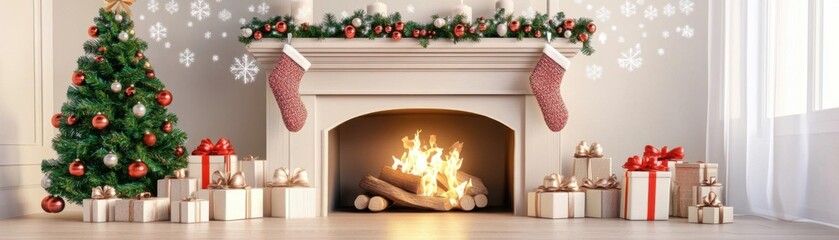Christmas fireplace clipart elements flat design side view cozy hearth 3D render colored pastel