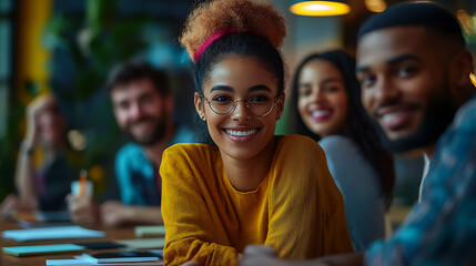 Fototapeta premium A group of people are sitting around a table, one of whom is smiling