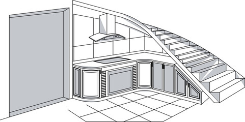 Vector sketch illustration of the silhouette of a vintage classic kitchen set kitchen design 