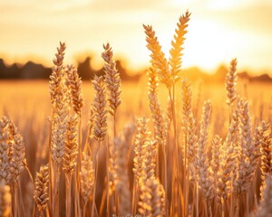 Fototapeta premium Close up of a field of wheat with the sun setting in the background - Agriculture