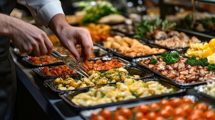 Obraz premium In a restaurant, waitstaff members prepare food for a buffet table. The caterer sets up a spread of appetisers on a table for service. expertly catered event with a focus on diversity and appearance.