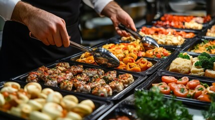Obraz premium In a restaurant, waitstaff members prepare food for a buffet table. The caterer sets up a spread of appetisers on a table for service. expertly catered event with a focus on diversity and appearance.