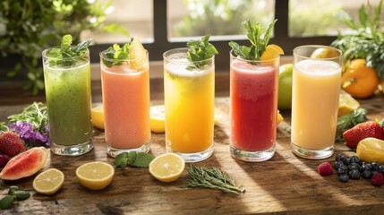 Fototapeta premium non-alcoholic wellness drinks on a rustic wooden table, each glass filled with colorful