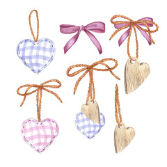 Set of pendants with hearts made of fabric and wood with jute ropes and bows. Isolated composition, set hand-drawn with watercolors on a white background. For design, postcards, souvenirs, printing.