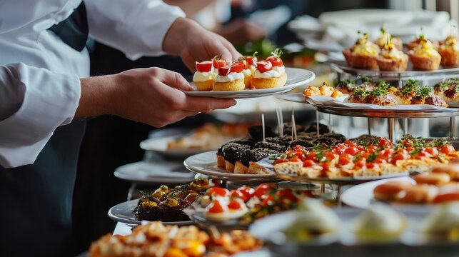In a restaurant, waitstaff members prepare food for a buffet table. The caterer sets up a spread of appetisers on a table for service. expertly catered event with a focus on diversity and appearance.