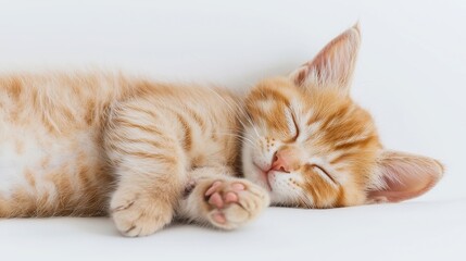Ginger Kitten in Peaceful Slumber, a cozy scene with a ginger kitten curled up, surrounded by soft textures, evoking warmth and tranquility in an inviting atmosphere.