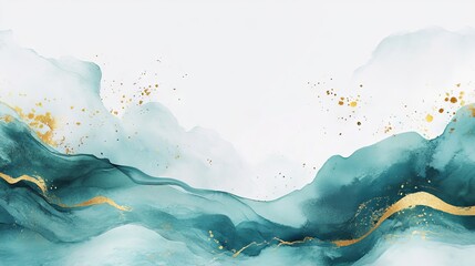 Elegant card design with modern watercolor background in teal or turquoise green ink waves and golden splashes - ideal for birthday invites, weddings, and menus