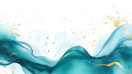 Elegant card design with modern watercolor background in teal or turquoise green ink waves and golden splashes - ideal for birthday invites, weddings, and menus