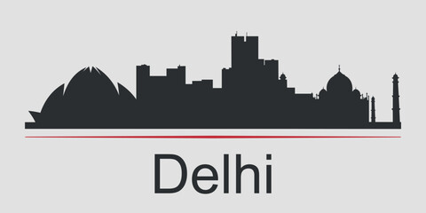 Obraz premium Black silhouette of the city skyline in Delhi, emphasized by red line with text. Vector on a gray background