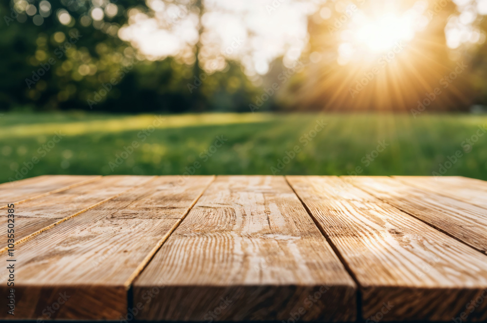 Poster empty wooden table illuminating under the warm sunset with a blurred park in the background