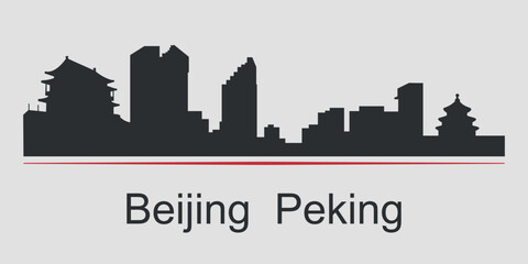 Obraz premium Black silhouette of the city skyline in Beijing, emphasized by red line with text. Vector on a gray background