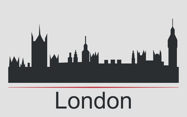 Naklejka premium Black silhouette of the city skyline in London, England is emphasized by red line with text. Vector on a gray background