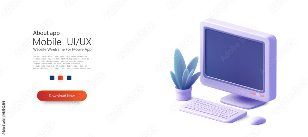 Poster minimalistic isometric illustration of a retro computer setup with a keyboard, monitor, mouse, and p