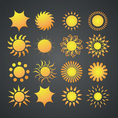 Collection of yellow sun silhouettes. 24 pieces.  Vector on black background