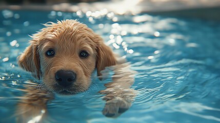 Golden Retriever Puppy Swimming in a Pool