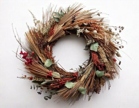 Freigestellter Weihnachtskranz aus getrockneten Blumen und Zweigen &ndash; Nachhaltige Weihnachtsdeko