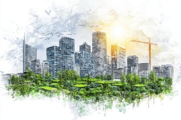 Naklejka premium A vibrant city skyline features modern buildings, greenery, and a beautiful sunset, symbolizing urban development and nature.
