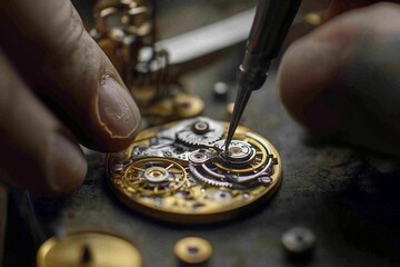 In a workshop filled with tools, a watchmaker carefully assembles a luxury watch, demonstrating precision and skill with each delicate adjustment. Generative AI