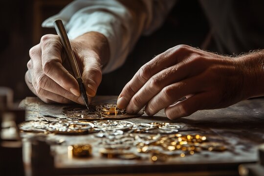 A skilled watchmaker focuses intently on assembling luxury watch components, showcasing precision craftsmanship in a workshop setting. Generative AI - Powered by Adobe