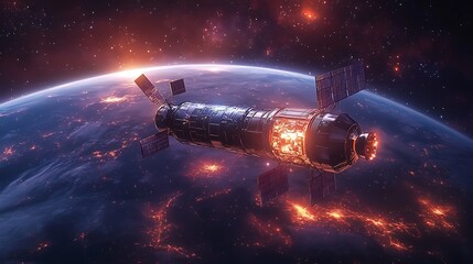Obraz premium Spaceship in orbit around Earth, with glowing city lights below.