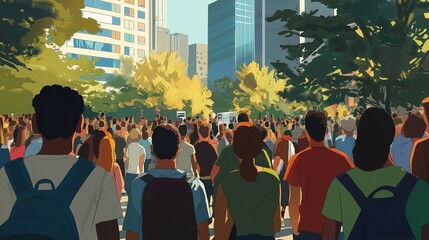 A large crowd of people gathers in an urban park, engaging in a citizen science project. Participants are actively collaborating under a bright blue sky. Generative AI