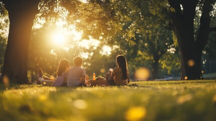 A diverse family sits on a picnic blanket in a park, enjoying food and drinks as the sun sets behind the trees, creating a warm and inviting atmosphere. Generative AI