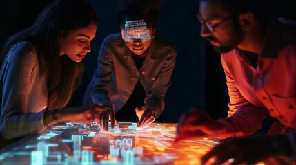 A group of individuals engages with an interactive augmented reality city model, collaborating on urban planning and design information. Generative AI