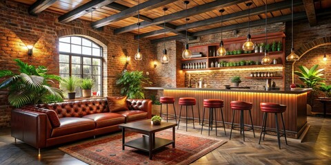 Fototapeta premium A cozy and inviting interior design space featuring exposed brick walls, wooden beams, a leather sofa, a bar counter with red stools, and lush greenery.