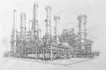 Detailed sketch of an industrial factory with towering smokestacks and intricate piping. A striking representation of industrial architecture.