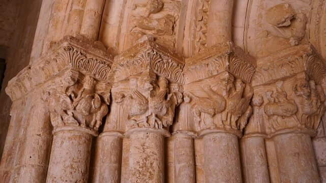 Romanesque arch portico of the Church of San Esteban Protom&aacute;rtir in the village of Hormaza. Region of Alfoz de Burgos. Province of Burgos. Castile and Leon. Spain. Europe