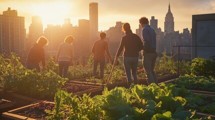 A diverse group of urban farmers works together on a rooftop garden, cultivating vegetables while the sun sets, casting a warm glow over the city skyline. Generative AI