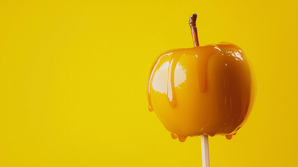 Obraz premium caramelized apple in yellow and orange. Halloween autumn banner with copy space