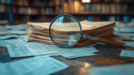 Magnifying glass zooming in on a stack of documents, illustrating scrutiny, precision, detail in research