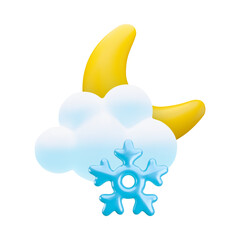 Vector cartoon 3d snowy night icon. Cute 3d render of glossy half moon behind the cloud and snowflake isolated on white. Realistic style cloudy crescent, good night illustration for weather app, game.