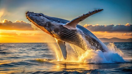 Fototapeta premium A Majestic Humpback Whale Leaps From The Ocean At Sunset, Its Silhouette Illuminated By The Golden Rays Of Light, Creating A Breathtaking Spectacle Of Nature's Raw Power And Beauty