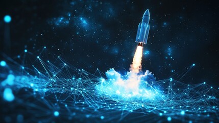 Futuristic Rocket Launch with Digital Network Connections