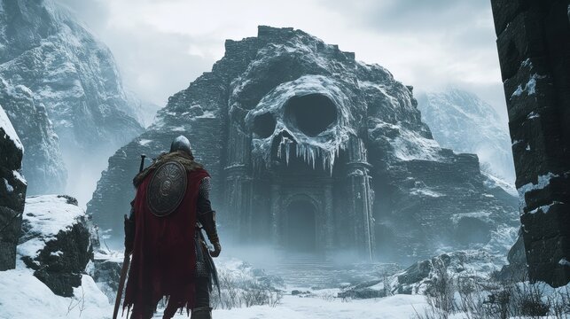 Rocky mountain in the shape of a human skull with an medieval warrior standing. Fantasy theme. Halloween poster.