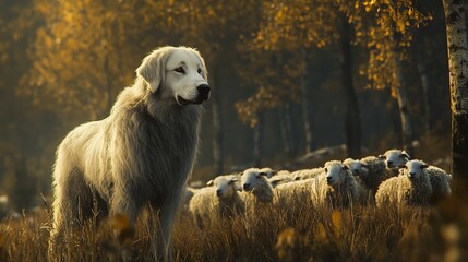 Obraz premium Great Pyrenees Guarding Sheep in a Meadow